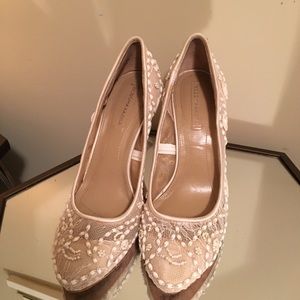 BCBG white lace and beaded heels